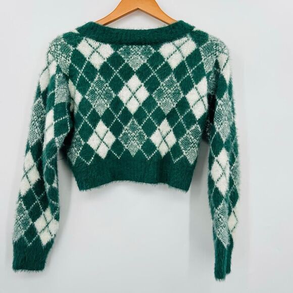 Shein Cropped Argyle Sweater Green White Womens Large Fuzzy Soft Preppy - Picture 2 of 4